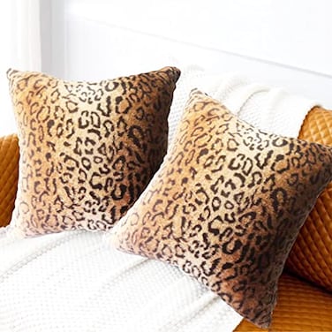 Entua Faux Fur Throw Pillows Set of 2 Decorative Square Couch Pillow Covers 20x20 Leopard Cheetah Print Luxury Soft Plush Pillowcase for Sofa Bed Living Room Decor Brown Gold