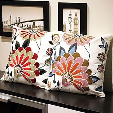 KITTMIN Embroidered Red and Pink Throw Pillow Covers18x18 Floral Farmhouse Decor Pillows Set of 2 Cozy Boho Accent Cushion Case for Couch Sofa Home Decorative Pillow Cases for Bed Room
