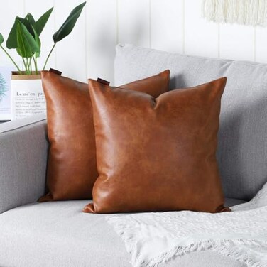MANDIOO Set of 2 Faux Leather Decorative Throw Pillow Covers Modern Solid Outdoor Cushion Cases Luxury Pillowcases for Couch Sofa Bed 14x14 Inches Brown