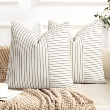 YCOLL Farmhouse Pillow Covers 18x18 Modern Accent Square Throw Pillow Covers Set of 2 Gray and Beige Striped Patchwork Linen Decorative Pillows Cushion Covers for Couch Chair Bedroom Home Decor