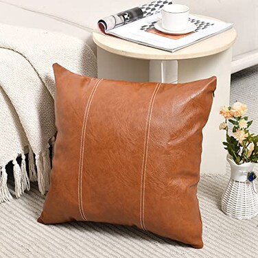 Fancy Homi Brown Boho Faux Leather Decorative Throw Pillow Covers 16x16 Inch for Living Room Couch Bed Hand Stitched Accent Square Cushion Case 40x40 cm Luxury Modern Farmhouse Home Decor