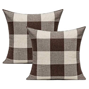 VAKADO Brown Beige Buffalo Plaids Decorative Throw Pillow Covers Farmhouse Retro Checked Square Cushion Cases Classic Coffee Check Home Decor Outdoor for Couch Sofa Patio 16x16 Set of 2