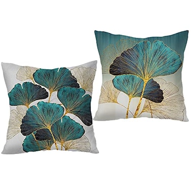 F Finerease Throw Pillow Cover Teal Ginkgo Leaves 18 x 18 Inch Turquoise Plant Pillow Cushion Covers Set of 2 Summer Fresh Square Cushion Case Great for Sofa Bedroom Chair Yard Living Room Home Decor