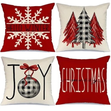 GEEORY Set of 4 Buffalo Plaid Christmas Pillow Covers Tree Joy Snow Merry Christmas Holiday Throw Pillows