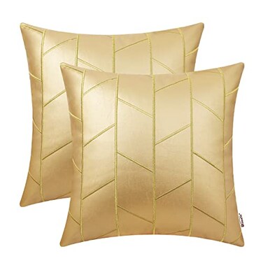 BRAWARM Faux Leather Pillow Covers 20 X 20 Inches Gold Leather Pillow Covers Pack of 2 Geometric Embroidery Leather Decorative Throw Pillows for Living Room Couch Bed Sofa Home