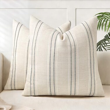 AELS 18x18 Decorative Farmhouse Linen Blend Throw Pillow Covers Boho Textured Pillow Case Set of 2 Beige with White Gray Stitch Yarn Dyed Stripe Cushion Cover for Sofa Living Room Cover ONLY