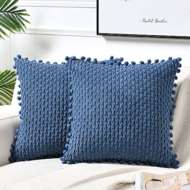 Fancy Homi Set of 2 Dusty Blue Decorative Throw Pillow Covers 20x20 Inch with Pompoms for Couch Bed Sofa Rustic Farmhouse Boho Home Decor Soft Plush Corduroy Cute Cushion Case 50x50 cm