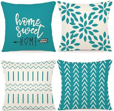 YCOLL Pillow Covers 18x18 Set of 4 Modern Sofa Throw Pillow Cover Decorative Outdoor Linen Fabric Pillow Case for Couch Bed Car Aqua Blue