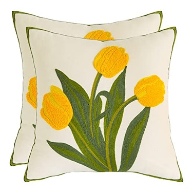 Tosleo Embroidered Throw Pillow Covers 18X18 Pack of 2 Yellow Tulip Pillow Covers Floral Floor Tufted Pillowcases Farmhouse Decor Cushion Cover Square Summer Fall Autumn Decoration Pillow Case