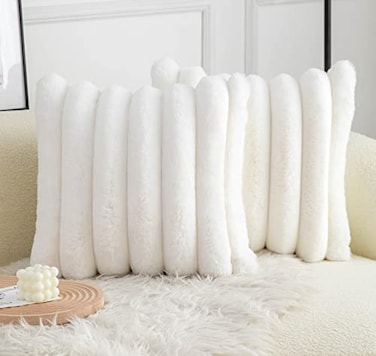 Neelvin Cream White Faux Fur Cozy Soft Striped Decorative Throw Pillow Covers 20x20 inch Set of 2Velvet Pillowcase Cushion Case for Sofa Couch