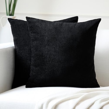 Encasa XO Thick Chenille Throw Pillow Covers Set of 2 Black 16x16 40x40 cm Decorative Accent Square Throw Pillow Cases for Couch Home Decor Sofa