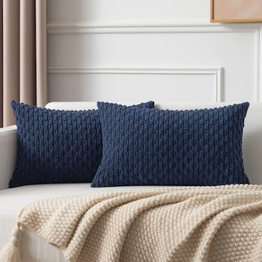 K KEVIN Kevin Textile Set of 2 Pillow Covers Solid Supersoft Corduroy Handmade Decorative Velvet Throw Pillow Cushion Cover for Bed 12x20 Inch Navy Blue