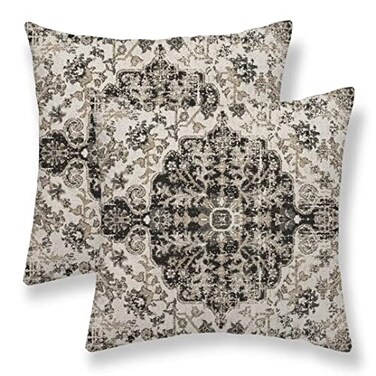 Sunshineyan Boho Throw Pillow Covers 18x18 Set of 2 Black Brown Carpet Pattern Pillow Covers Ethnic Rustic Farmhouse Cushion Cases Linen Decorative Gifts for Couch Sofa Indoor Outdoor