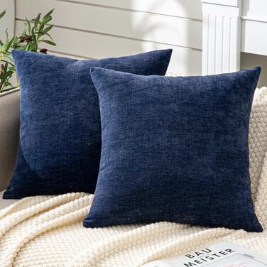 GAWAMAY Decorative Square Throw Pillow Covers 18x18 Inch Set of 2 Super Soft Chenille Pillows Cover Fall Pillowcase for Living Room Bedroom Sofa Couch Cushion Cover Navy Blue 45x45cm Only Covers