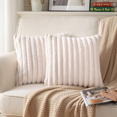 DEELAND Pack of 2DoubleSided Faux Fur Plush Decorative Throw Pillow Covers Fuzzy Striped Soft Pillowcase Cushion Covers for Sofa Couch Bedroom Beige 20x20 inch