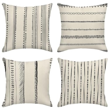 ArtSocket Set of 4 Throw Pillow Covers Pattern Black and White Boho Bohemian Geometric Dots Lines of Borders Decor Linen Outdoor Pillow Cases Home Decorative Square 16x16 Inches Pillowcases