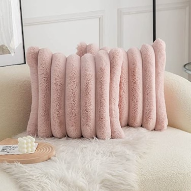 Neelvin Pink Faux Fur Cozy Soft Striped Decorative Throw Pillow Covers 20x20 inch Set of 2Velvet Pillowcase Cushion Case for Sofa Couch