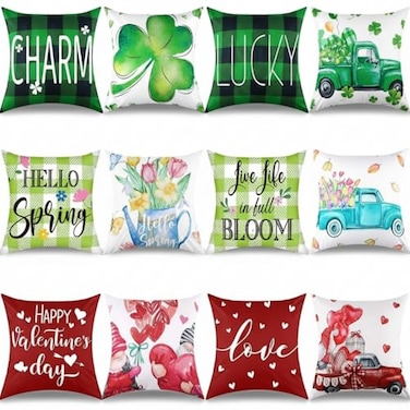 FuWeave 12 Pcs St Patricks Day Pillow Covers 18 x 18 Spring Holiday Pillow Covers Lucky Shamrock Clovers Pillowcase Green Truck Decorative Holiday Cushion Case for Sofa Bed Home Decor