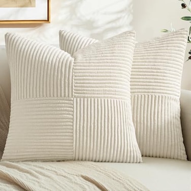 MIULEE Cream White Decorative Throw Pillow Covers 18x18 Inch for Couch Bed Sofa Pack of 2 Beige Neutral Boho Farmhouse Throw Pillows Soft Cross Corduroy Patchwork Textured Cushion Cases