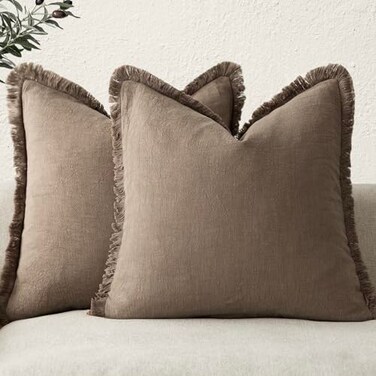 Foindtower Set of 2 Decorative Linen Fringe Throw Pillow Covers Cozy Farmhouse Boho Cushion Cover with Tassels Soft Accent Pillowcase for Couch Sofa Bed Living Room Home Decor 2020 Inch Light Brown