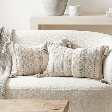 BlissBlush Decorative Lumbar Throw Pillow Covers 12x20 Combo Set of 2 Gray Rectangular Boho Accent Pillowcase Neutral Grey Farmhouse Cushion for Couch Sofa Bedroom Living Home Dcor Cover ONLY