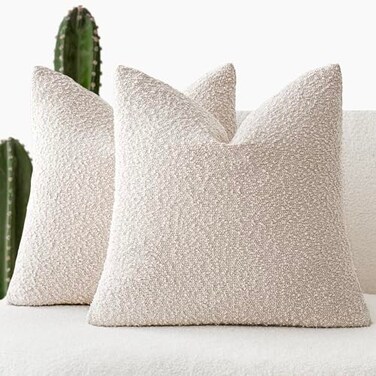 Foindtower Set of 2 Decorative Textured Boucle Throw Pillow Covers Accent Solid Pillow Cases Neutral Cozy Couch Cushion Case for Chair Sofa Bedroom Living Room Home Decor 24 x 24 Inch Ivory Beige