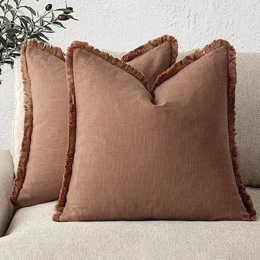 Foindtower Set of 2 Decorative Linen Fringe Throw Pillow Covers Cozy Farmhouse Boho Cushion Cover with Tassels Soft Accent Pillowcase for Couch Sofa Bed Living Room Home Decor 2020 Inch Rust