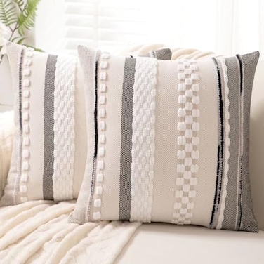 WANLIRD Boho Throw Pillow Covers 18x18 Set of 2 Farmhouse Decorative Cushion Case Striped Square Pillows Cover Chenille Pillow Cases Accent Neutral Pillowcase for Sofa Couch BedWhite