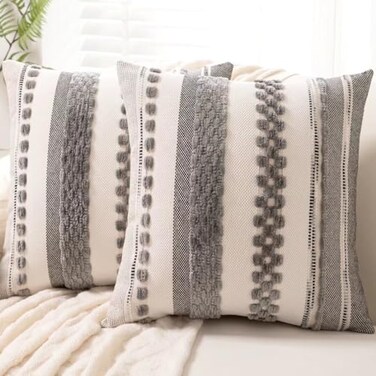 WANLIRD Boho Throw Pillow Covers 18x18 Set of 2 Farmhouse Decorative Cushion Case Striped Square Pillows Cover Chenille Pillow Cases Accent Neutral Pillowcase for Sofa Couch BedGray