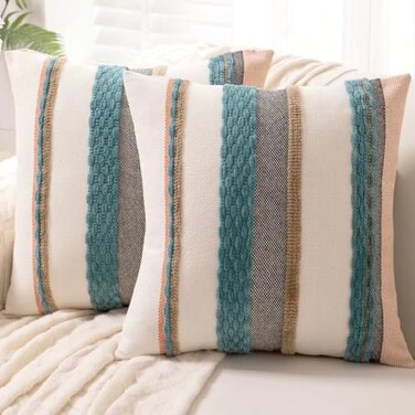 WANLIRD Boho Throw Pillow Covers 18x18 Set of 2 Farmhouse Decorative Cushion Case Striped Square Pillows Cover Chenille Pillow Cases Accent Neutral Pillowcase for Sofa Couch BedBlue
