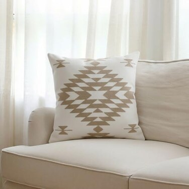 IKATYARN Beige Aztec Pattern Embroidery Throw Pillow CoverBoho Tribal Geometric Pillowcase Modern Farmhouse Brown Cushion Case for Couch Sofa Bed 20x20