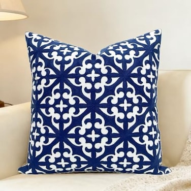 Slow Cow Canvas Embroidery Decorative Throw Pillow Cover Navy Blue Cushion Cover for Living Room 18 x18 Inches