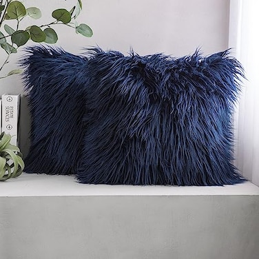 Phantoscope Pack of 2 Faux Fur Solid Throw Decorative Pillow Cover Cushion Covers Luxury Soft Decorative Pillowcase Fuzzy Pillow Covers for BedCouchNavy Blue 20 x 20 Inches