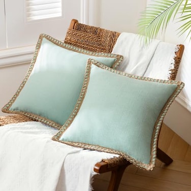Phantoscope Pack of 2 Farmhouse Decorative Throw Pillow CoversSolid Pattern for Home Burlap Linen Trimmed Tailored Edges Light Turquoise 18 x 18 inches 45 x 45 cm