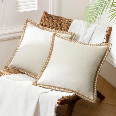 Phantoscope Pack of 2 Farmhouse Decorative Solid Throw Decorative Pillow Cover Burlap Linen Trimmed Tailored Edges Off White 22 x 22 inches 55 x 55 cm