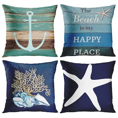 Emvency Set of 4 Throw Pillow Covers Nautical Coastal Beach and Blue Turquoise Anchor Weathered Wood Old Decorative Pillow Cases Home Decor Square 18x18 Inches Pillowcases