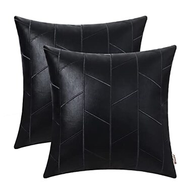 BRAWARM Faux Leather Pillow Covers 18 X 18 Inches Black Leather Pillow Covers Pack of 2 Geometric Embroidery Leather Decorative Throw Pillows for Living Room Couch Bed Sofa Home