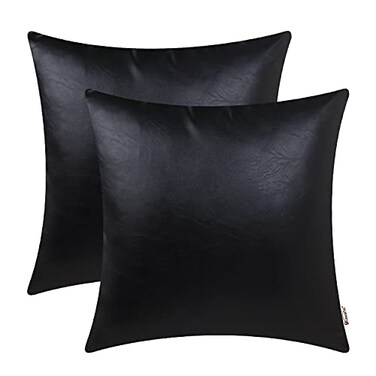 BRAWARM Faux Leather Throw Pillow Covers 18 X 18 Inches Black Leather Pilow Covers Pack of 2 Solid Dyed Leather Pillowcases for Couch Bed Sofa Garden Home Decorative