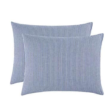 Wake In Cloud Striped Pillow Cases 100 Washed Cotton Ticking Stripe Vertical Pinstripe Neutral Farmhouse Set of 2 Pillowcases Pillow Shams Covers Denim Blue Standard Size 20x26 Inches