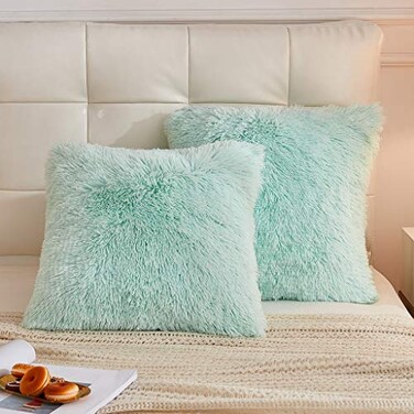 LIFEREVO 2 Pack Fluffy Faux Fur Pillow Shams18 x 18 Inches Throw Pillow CoversLuxury Decorative Furry Pillowcases Cushion Cover for ChristmasZipper ClosureNo Pillow Insert Mint