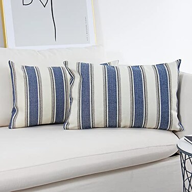 JOJUSIS Stripe Throw Pillow Covers Farmhouse Pillowcases Pack of 2 12 x 20 Inch Blue