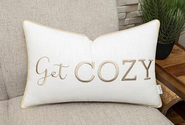 YugTex Get Cozy Quote Lumbar Pillow Cover 12x20 Ivory Embroidered Cotton Accent