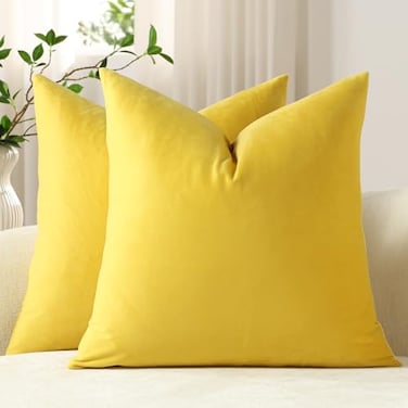 DEZENE Throw Pillow Covers 20x20 Yellow Pack of 2 Cozy Soft Velvet Square Modern Luxury Decorative Throw Pillow Cases for Sofa Couch Living Room Bed Home Decor