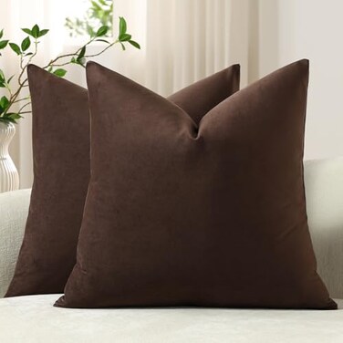 DEZENE Throw Pillow Covers 20x20 Chocolate Brown Pack of 2 Cozy Soft Velvet Square Modern Luxury Decorative Throw Pillow Cases for Sofa Couch Living Room Bed Home Decor