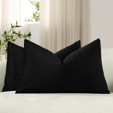 DEZENE Lumbar Pillow Covers 12x20 Black Pack of 2 Cozy Soft Velvet Rectangular Modern Luxury Decorative Throw Pillow Cases for Sofa Couch Living Room Bed Home Decor