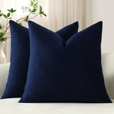 DEZENE Throw Pillow Covers 16x16 Navy Blue Pack of 2 Cozy Soft Velvet Square Modern Luxury Decorative Throw Pillow Cases for Sofa Couch Living Room Bed Home Decor