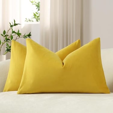 DEZENE Lumbar Pillow Covers 12x20 Yellow Pack of 2 Cozy Soft Velvet Rectangular Modern Luxury Decorative Throw Pillow Cases for Sofa Couch Living Room Bed Home Decor