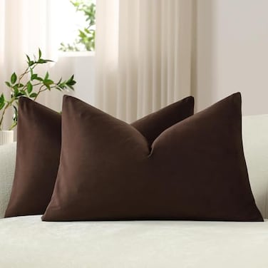 DEZENE Lumbar Pillow Covers 12x20 Chocolate Brown Pack of 2 Cozy Soft Velvet Rectangular Modern Luxury Decorative Throw Pillow Cases for Sofa Couch Living Room Bed Home Decor