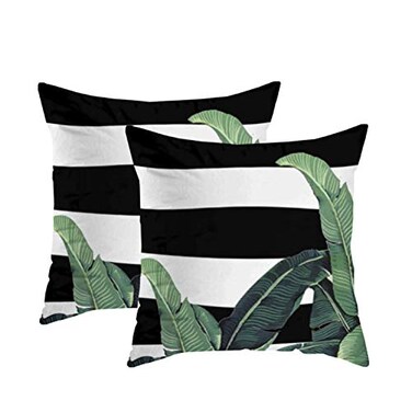 Newhomestyle Black and White Stripes Palm Leaf Pattern Summer Zippered Pillow Cover Square Throw Pillow Case Cushion Cover 18x18 in Double Sided