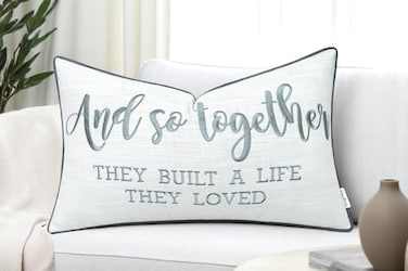 YugTex and So Together Quote Lumbar Pillow Cover 12x20 Ivory Embroidered Cotton Accent Anniversary Wedding Couple Gift Grey